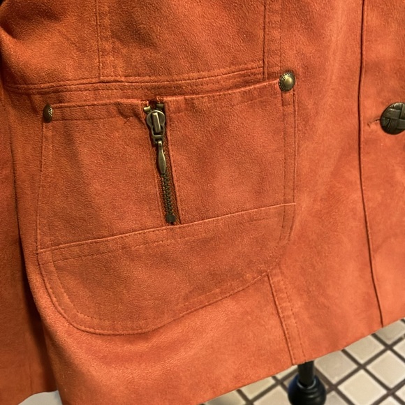 14P Tan Jay Burnt Orange Faux Suede Jacket Metal Buttons Zipper Pockets - Picture 6 of 11